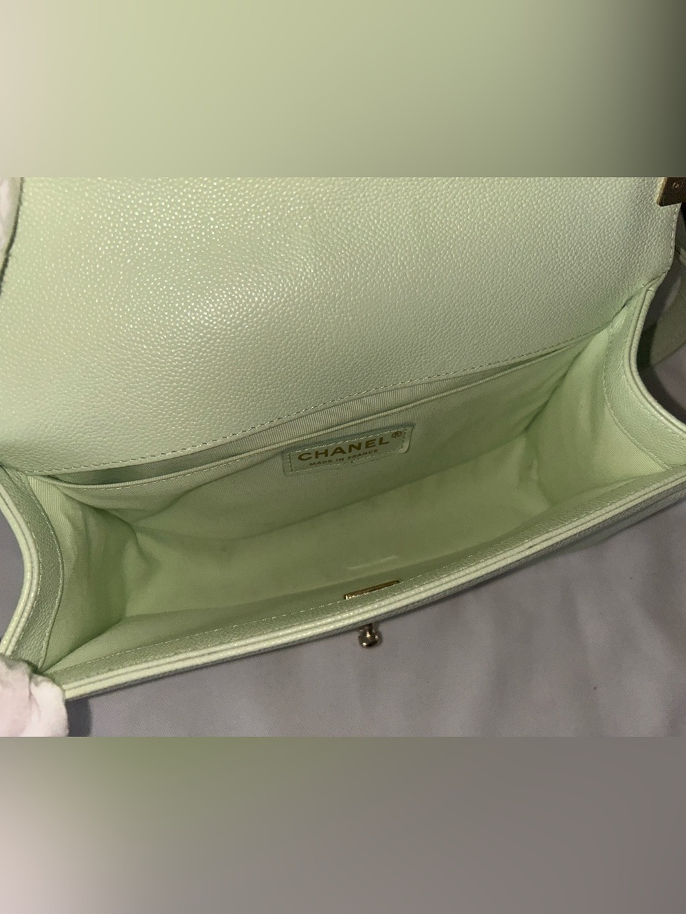 🩷TRADE🩷CHANEL Medium Boy Flap Bag Quilted Caviar Leather Light Green - Picture 14 of 16